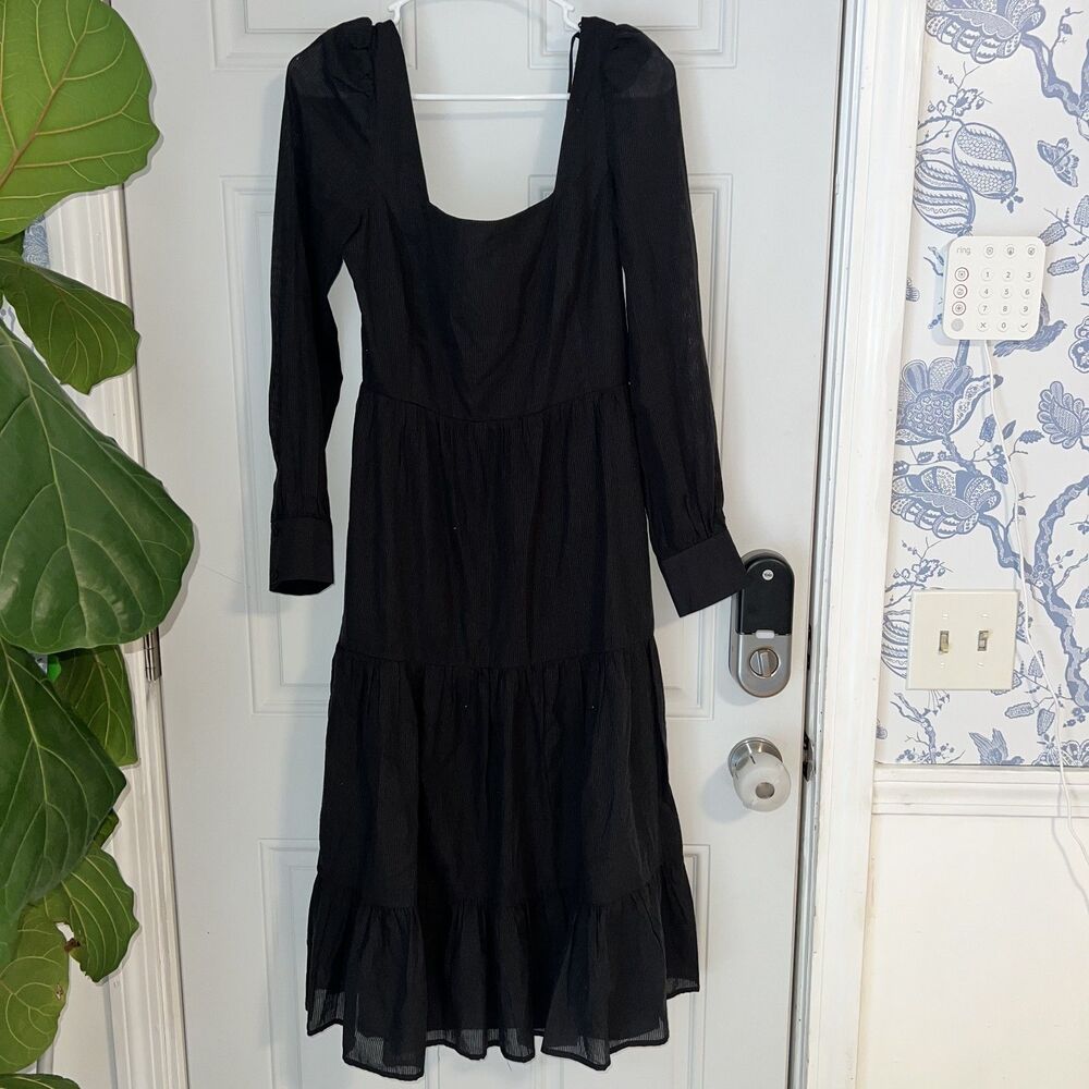 Charles Henry Long Sleeve Midi Dress Smocked Bodice Tiered Black-Size S